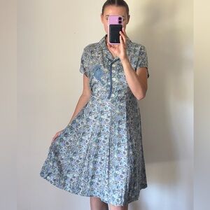 Vintage April Cornell Blue Periwinkle Floral Mid Length Short Sleeve Dress M/L
